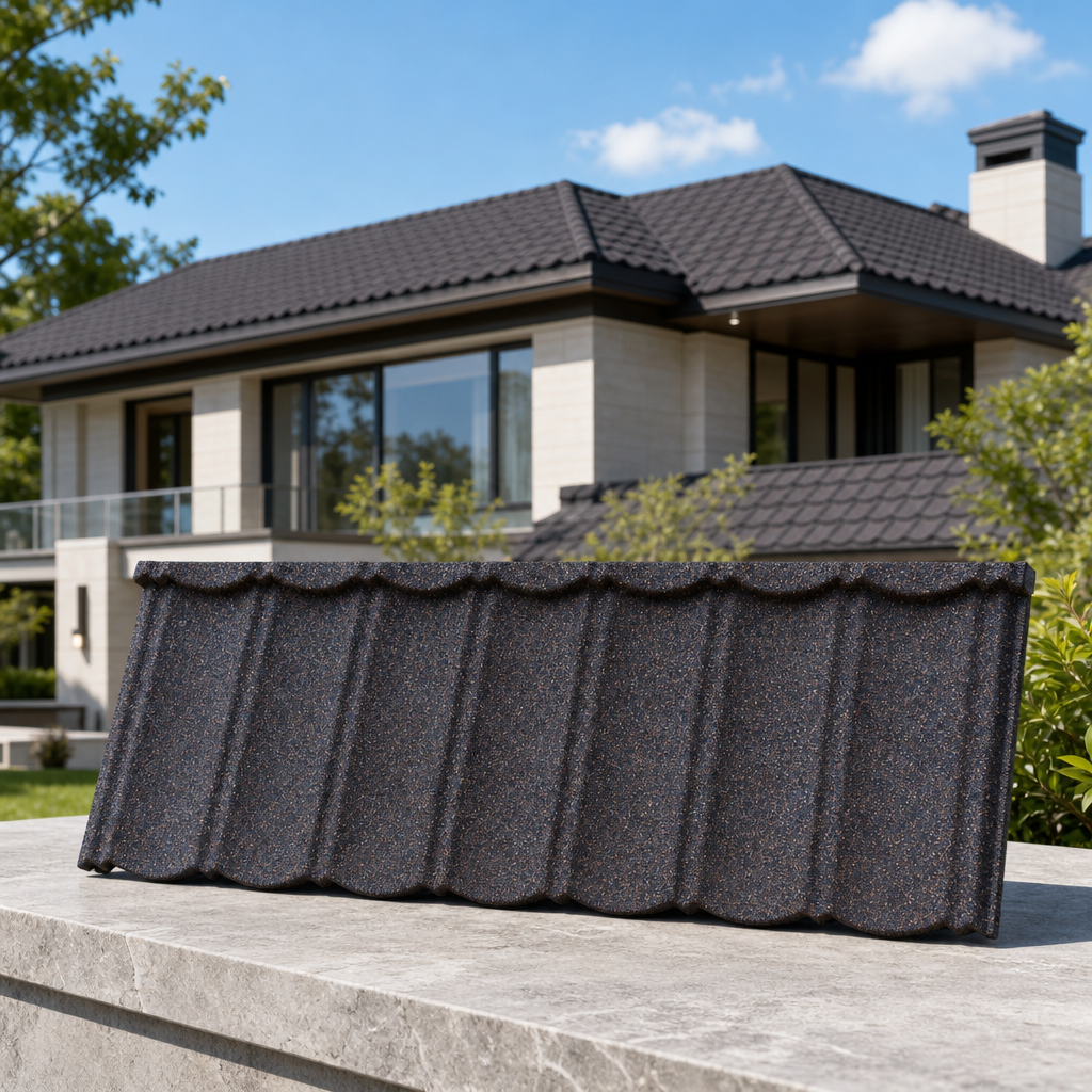 Close-up of the granule bed on stone-coated metal roofing