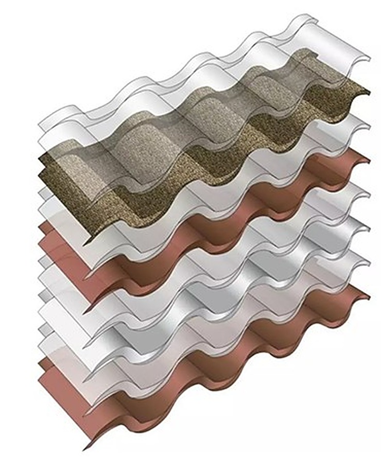 Layers of a stone coated metal roof panel: overglaze, stone granules, basecoat, acrylic primer, aluminium-zinc alloy coating and the steel core